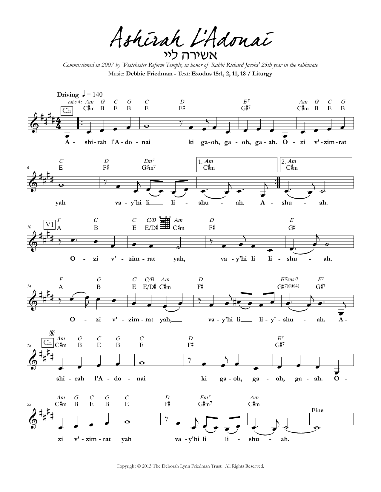 Learn to play Debbie Friedman Ashirah L'Adonai sheet music for Lead Sheet / Fake Book in minutes. Debbie Friedman Ashirah L'Adonai sheet music preview music notes and score for Lead Sheet / Fake Book including 2 page(s)