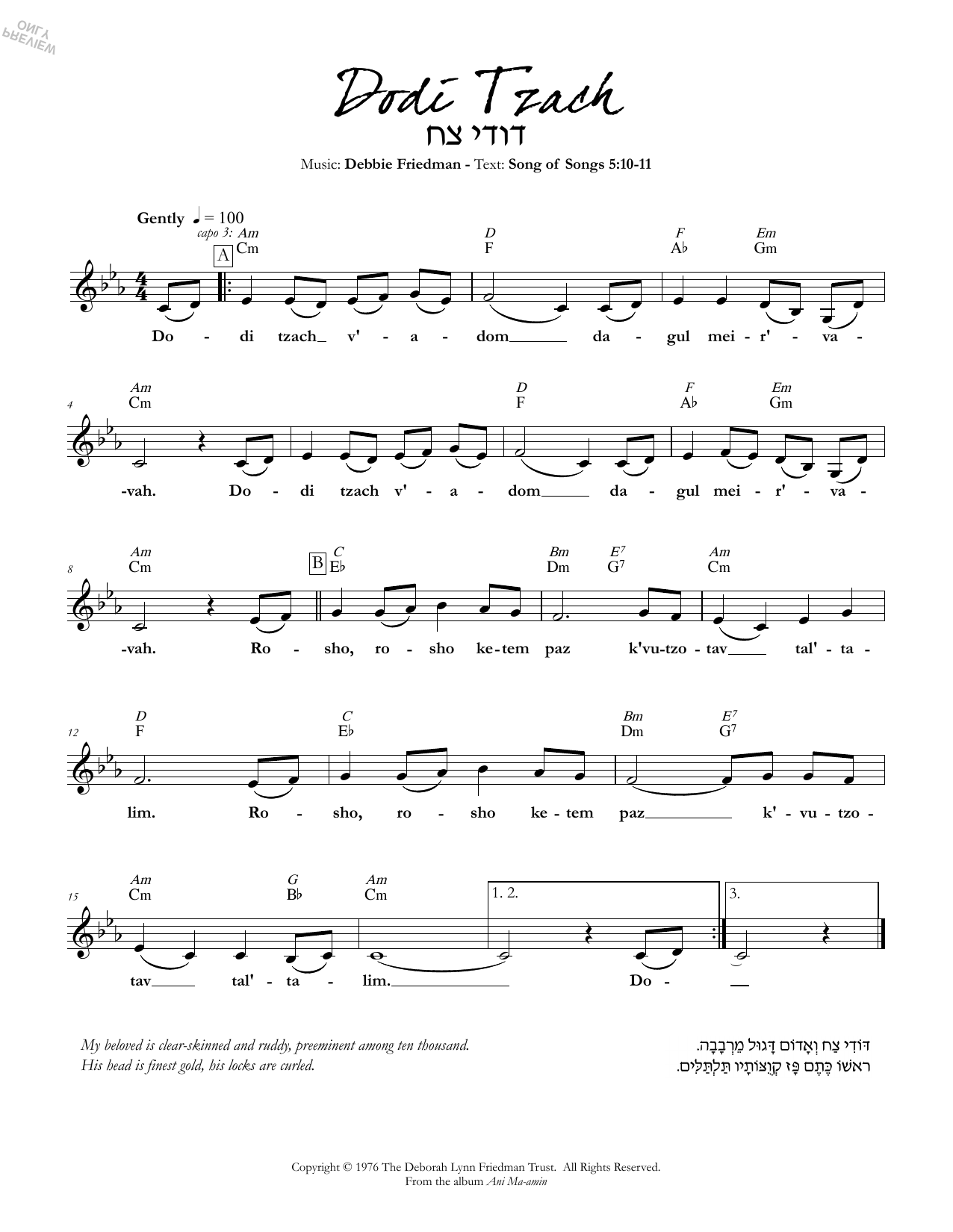 Learn to play Debbie Friedman Dodi Tzach sheet music for Lead Sheet / Fake Book in minutes. Debbie Friedman Dodi Tzach sheet music preview music notes and score for Lead Sheet / Fake Book including 1 page(s)