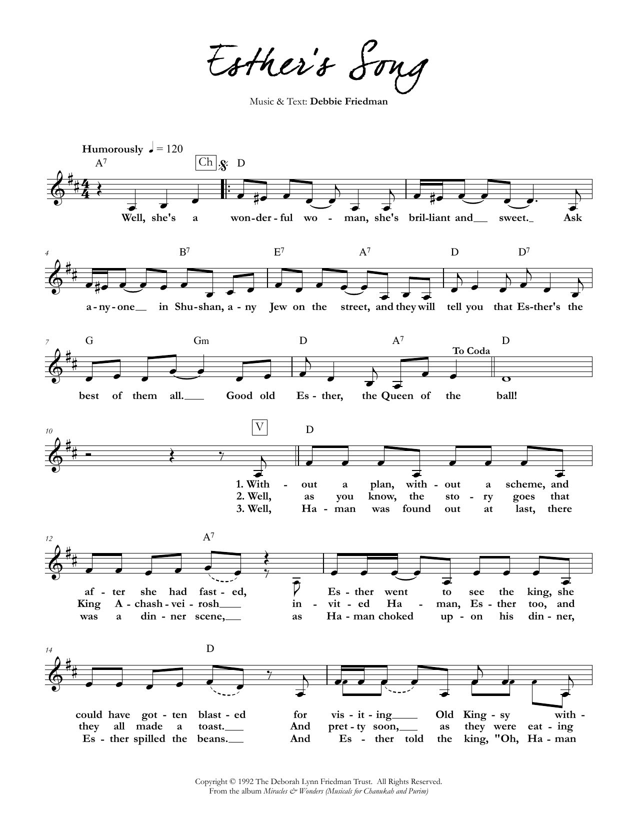 Learn to play Debbie Friedman Esther's Song sheet music for Lead Sheet / Fake Book in minutes. Debbie Friedman Esther's Song sheet music preview music notes and score for Lead Sheet / Fake Book including 2 page(s)