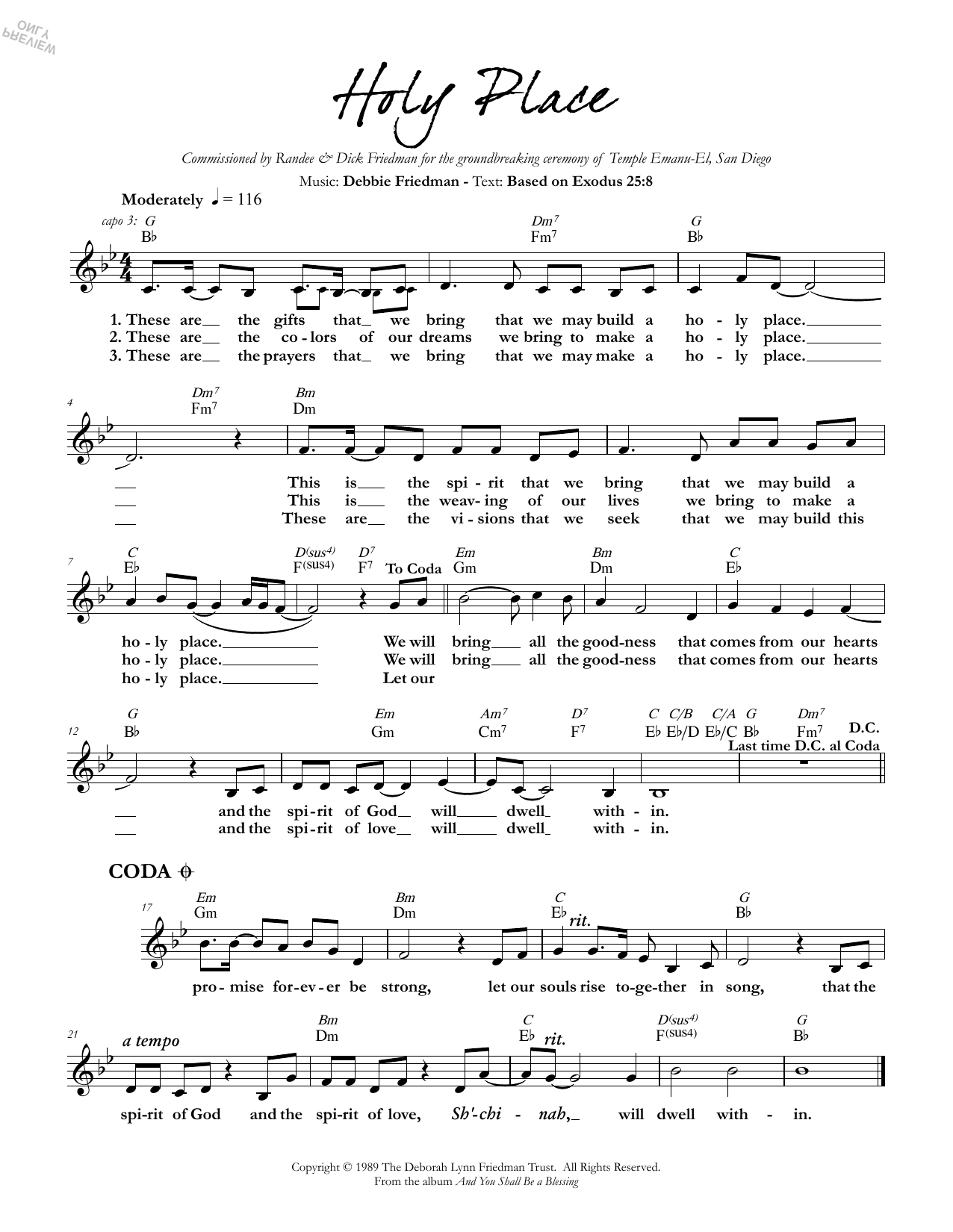 Learn to play Debbie Friedman Holy Place sheet music for Lead Sheet / Fake Book in minutes. Debbie Friedman Holy Place sheet music preview music notes and score for Lead Sheet / Fake Book including 1 page(s)