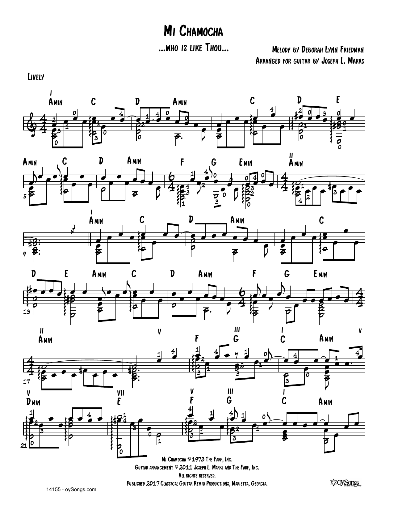Learn to play Debbie Friedman Mi Chamocha (arr. Joe Marks) sheet music for Solo Guitar Tab in minutes. Debbie Friedman Mi Chamocha (arr. Joe Marks) sheet music preview music notes and score for Solo Guitar Tab including 2 page(s)