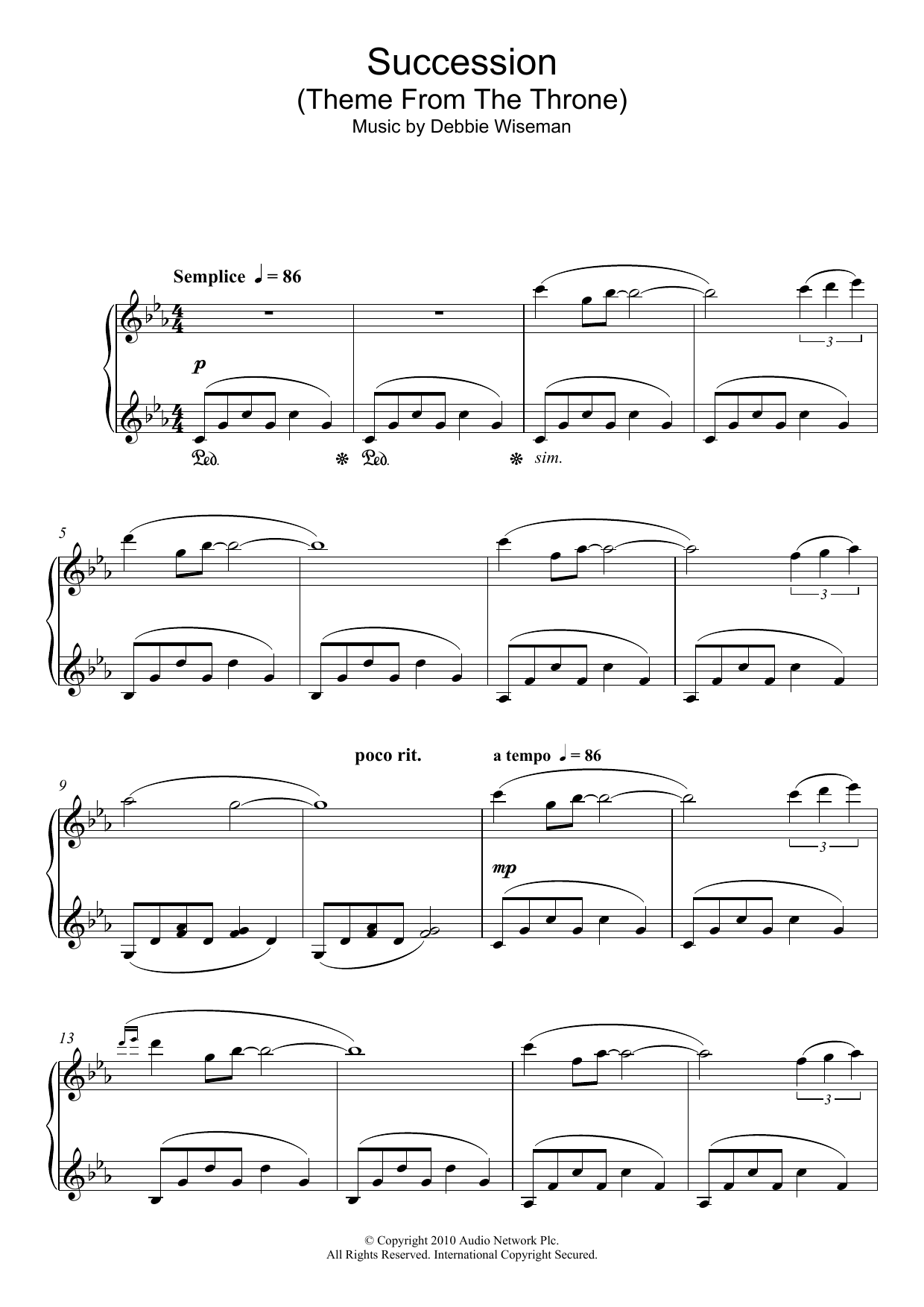 Learn to play Debbie Wiseman Succession (Theme From The Throne) sheet music for Piano in minutes. Debbie Wiseman Succession (Theme From The Throne) sheet music preview music notes and score for Piano including 4 page(s)