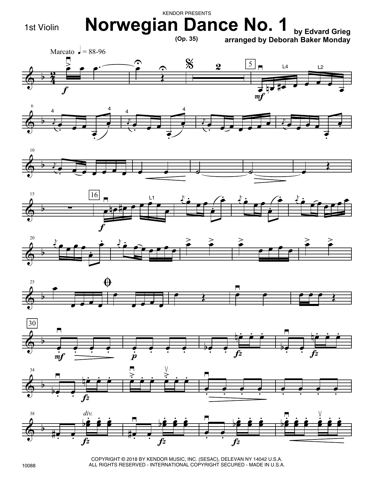 Deborah Baker Monday Norwegian Dance No. 1 (Op. 35) - 1st Violin sheet music preview music notes and score for Orchestra including 3 page(s)