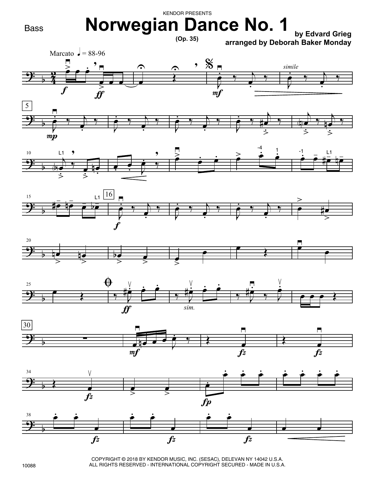 Deborah Baker Monday Norwegian Dance No. 1 (Op. 35) - Bass sheet music preview music notes and score for Orchestra including 3 page(s)
