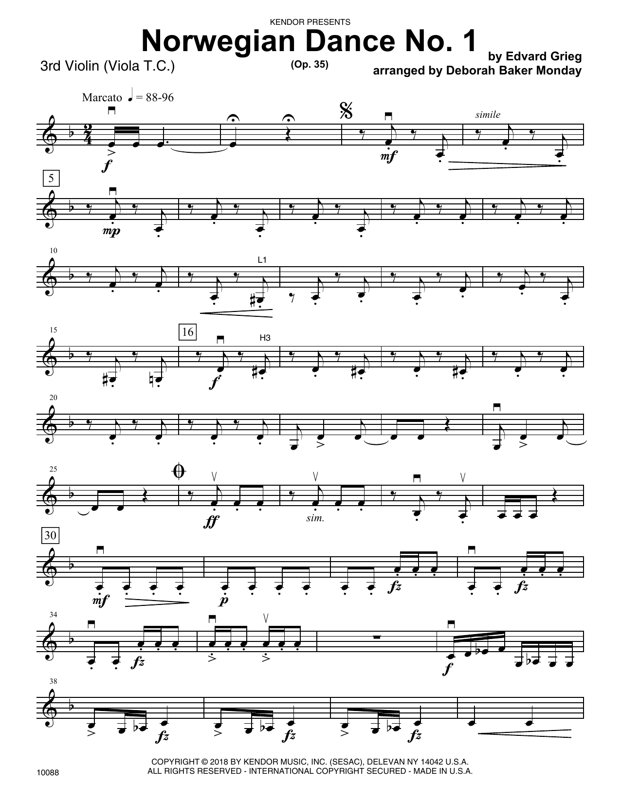 Learn to play Deborah Baker Monday Norwegian Dance No. 1 (Op. 35) - Violin 3 (Viola T.C.) sheet music for Orchestra in minutes. Deborah Baker Monday Norwegian Dance No. 1 (Op. 35) - Violin 3 (Viola T.C.) sheet music preview music notes and score for Orchestra including 3 page(s)
