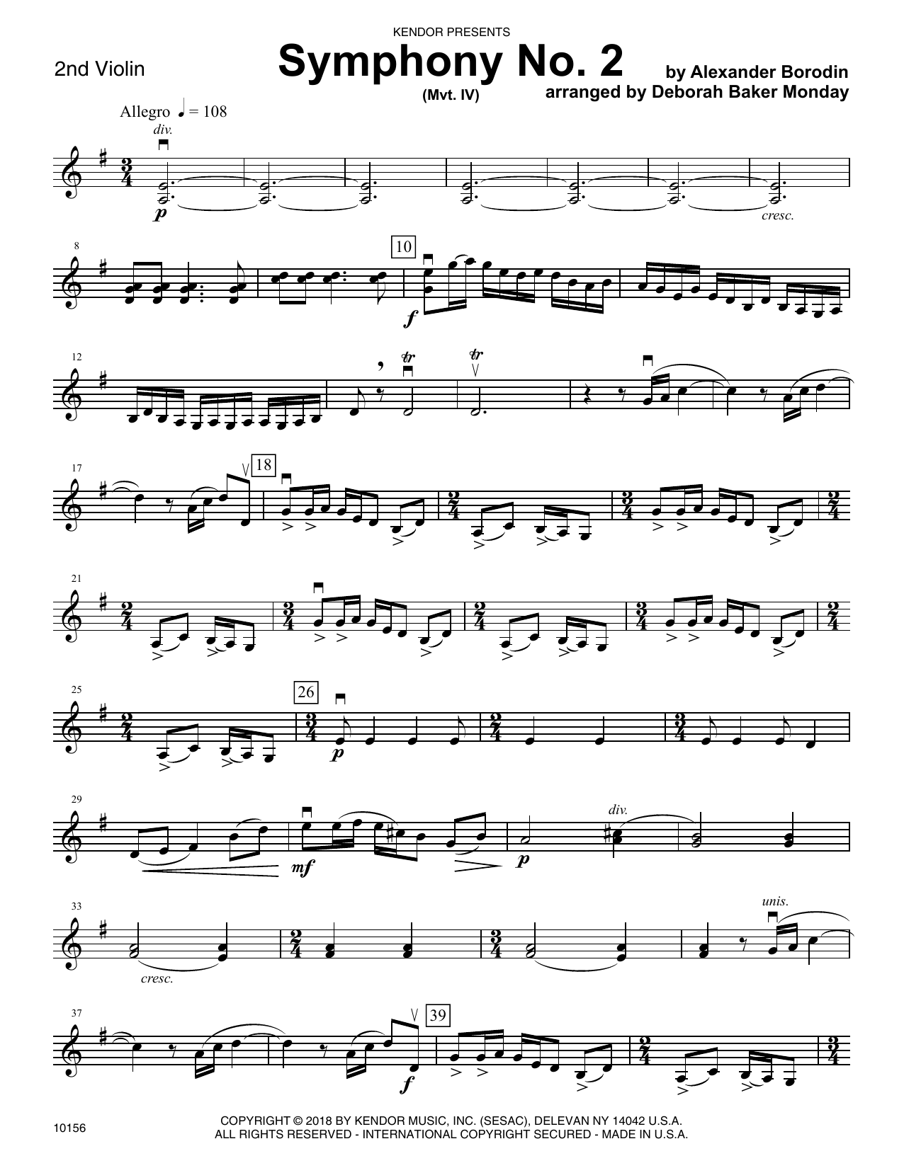 Deborah Baker Monday Symphony No. 2 (Mvt. IV) - 2nd Violin sheet music preview music notes and score for Orchestra including 4 page(s)