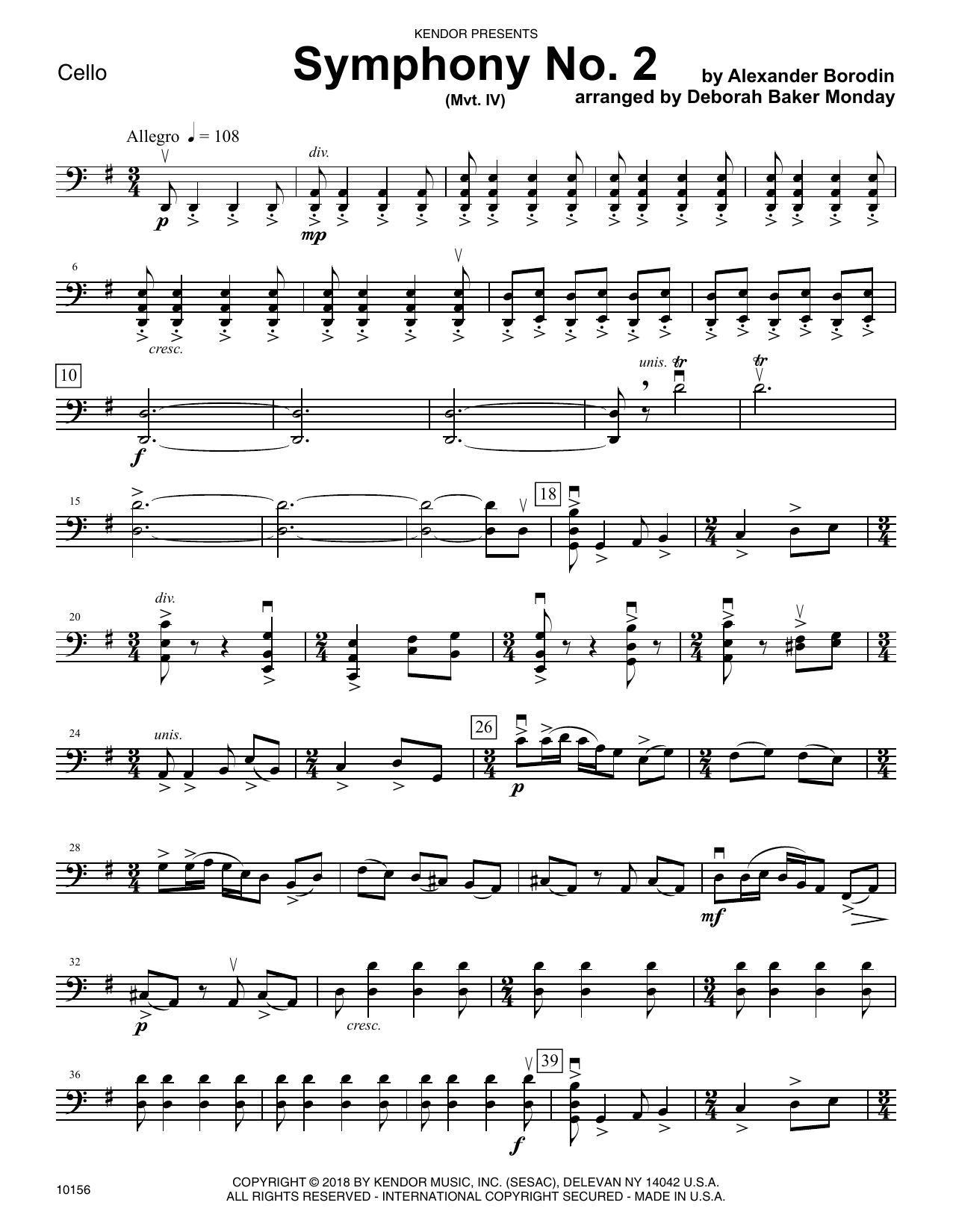 Deborah Baker Monday Symphony No. 2 (Mvt. IV) - Cello sheet music preview music notes and score for Orchestra including 4 page(s)