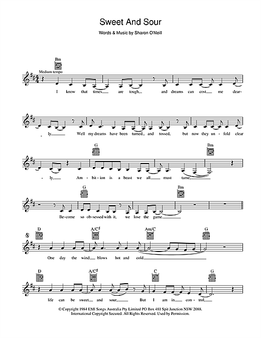 Learn to play Deborah Conway Sweet And Sour sheet music for Melody Line, Lyrics & Chords in minutes. Deborah Conway Sweet And Sour sheet music preview music notes and score for Melody Line, Lyrics & Chords including 2 page(s)