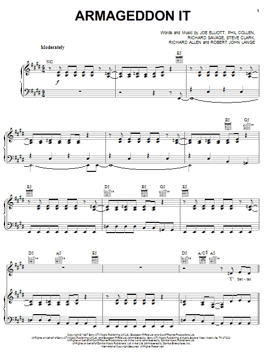 Def Leppard Armageddon It sheet music preview music notes and score for Piano, Vocal & Guitar (Right-Hand Melody) including 11 page(s)
