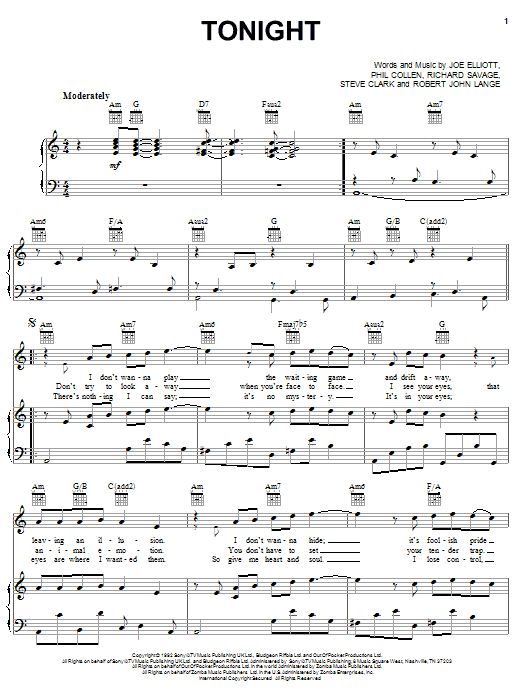 Learn to play Def Leppard Tonight sheet music for Piano, Vocal & Guitar (Right-Hand Melody) in minutes. Def Leppard Tonight sheet music preview music notes and score for Piano, Vocal & Guitar (Right-Hand Melody) including 5 page(s)