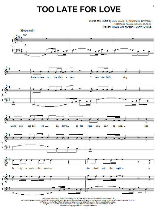 Learn to play Def Leppard Too Late For Love sheet music for Piano, Vocal & Guitar (Right-Hand Melody) in minutes. Def Leppard Too Late For Love sheet music preview music notes and score for Piano, Vocal & Guitar (Right-Hand Melody) including 7 page(s)