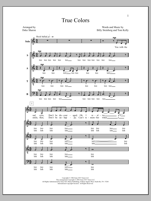 Deke Sharon True Colors sheet music, chords, lyrics - Printable PDF for Choir