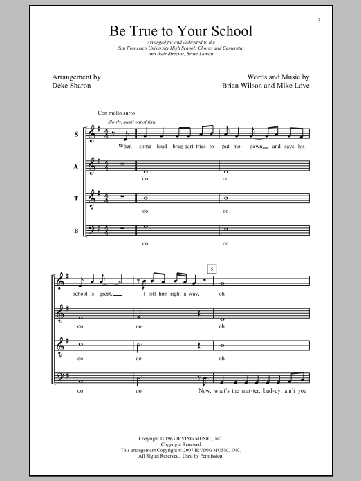 The Beach Boys Be True To Your School (arr. Deke Sharon) sheet music preview music notes and score for TTBB including 5 page(s)