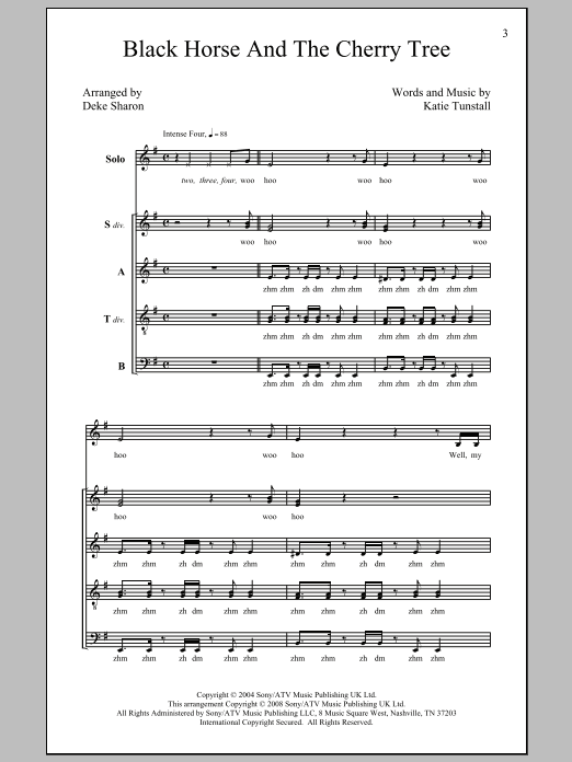 Learn to play KT Tunstall Black Horse And The Cherry Tree (arr. Deke Sharon) sheet music for SATB in minutes. KT Tunstall Black Horse And The Cherry Tree (arr. Deke Sharon) sheet music preview music notes and score for SATB including 16 page(s)
