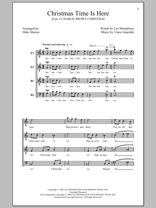 Vince Guaraldi Christmas Time Is Here (arr. Deke Sharon) sheet music preview music notes and score for TTBB including 4 page(s)