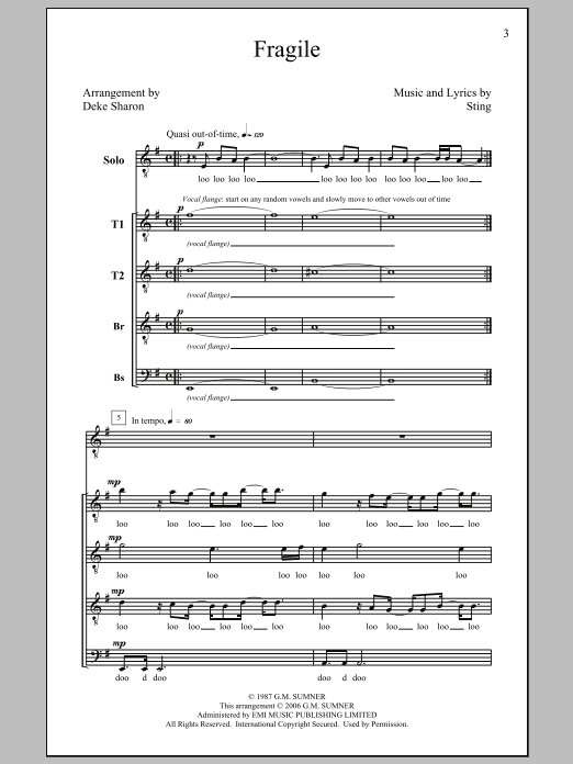 Learn to play Sting Fragile (arr. Deke Sharon) sheet music for SATB in minutes. Sting Fragile (arr. Deke Sharon) sheet music preview music notes and score for SATB including 9 page(s)