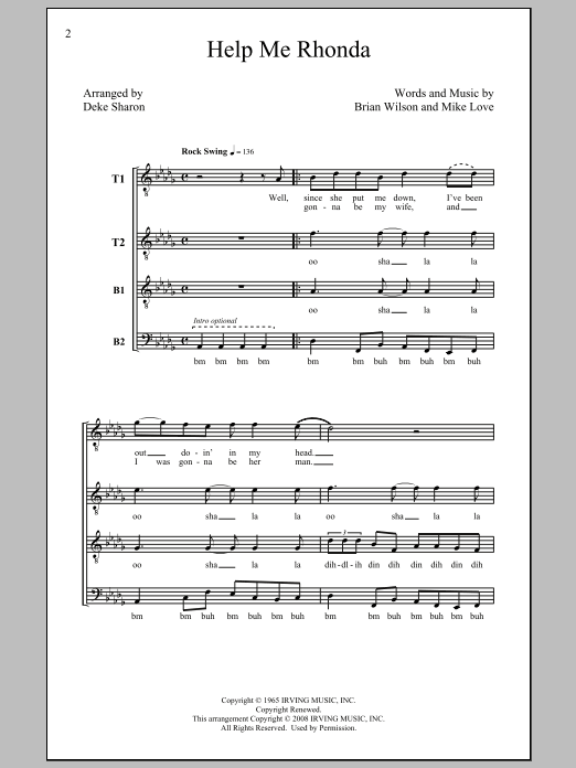 Learn to play The Beach Boys Help Me Rhonda (arr. Deke Sharon) sheet music for TTBB in minutes. The Beach Boys Help Me Rhonda (arr. Deke Sharon) sheet music preview music notes and score for TTBB including 6 page(s)