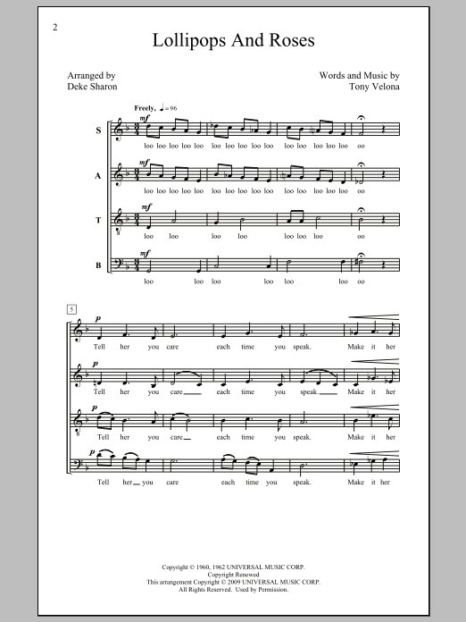 Learn to play Jack Jones Lollipops And Roses (arr. Deke Sharon) sheet music for SATB in minutes. Jack Jones Lollipops And Roses (arr. Deke Sharon) sheet music preview music notes and score for SATB including 6 page(s)