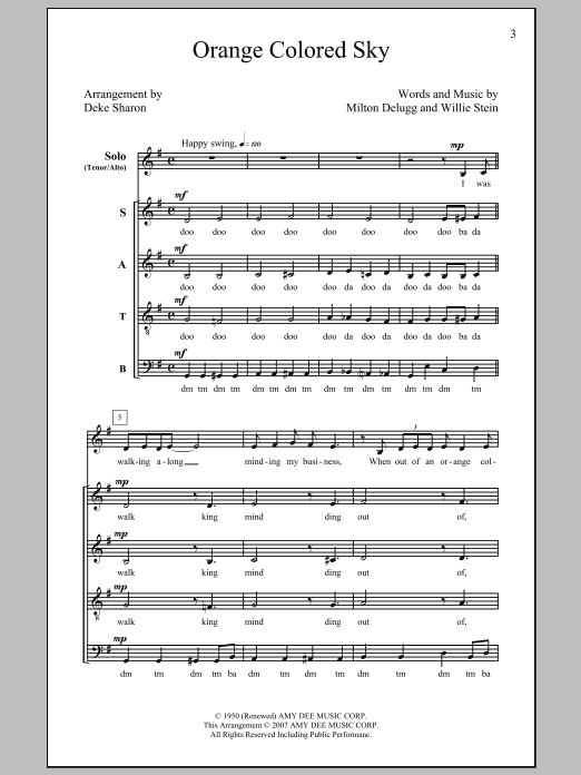 Learn to play Nat King Cole Orange Colored Sky (arr. Deke Sharon) sheet music for TTBB in minutes. Nat King Cole Orange Colored Sky (arr. Deke Sharon) sheet music preview music notes and score for TTBB including 12 page(s)