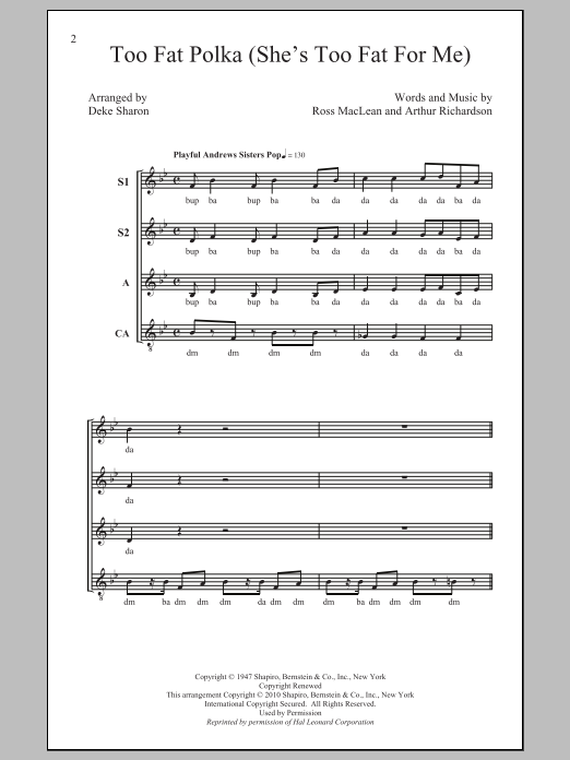 Learn to play Deke Sharon Too Fat Polka (She's Too Fat For Me) sheet music for SSA in minutes. Deke Sharon Too Fat Polka (She's Too Fat For Me) sheet music notes and chords
