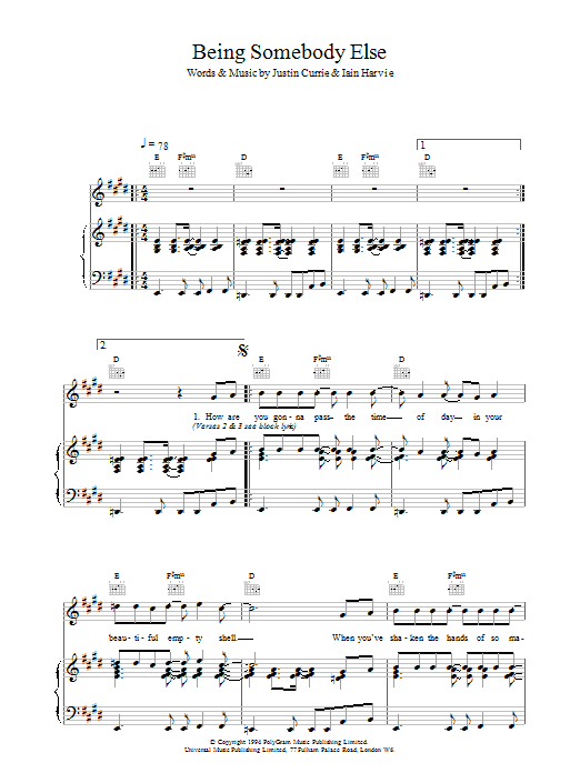 Download Del Amitri Being Somebody Else sheet music notes and chords for Piano, Vocal & Guitar (Right-Hand Melody) - Download Printable PDF and start playing in minutes.