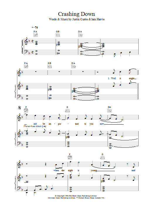 Download Del Amitri Crashing Down sheet music notes and chords for Piano, Vocal & Guitar (Right-Hand Melody) - Download Printable PDF and start playing in minutes.