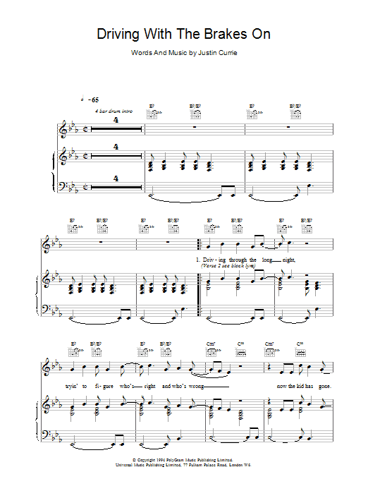 Download Del Amitri Driving With The Brakes On sheet music notes and chords for Piano, Vocal & Guitar (Right-Hand Melody) - Download Printable PDF and start playing in minutes.