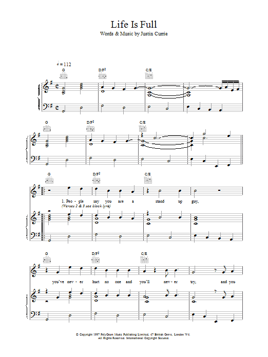 Download Del Amitri Life Is Full sheet music notes and chords for Piano, Vocal & Guitar (Right-Hand Melody) - Download Printable PDF and start playing in minutes.