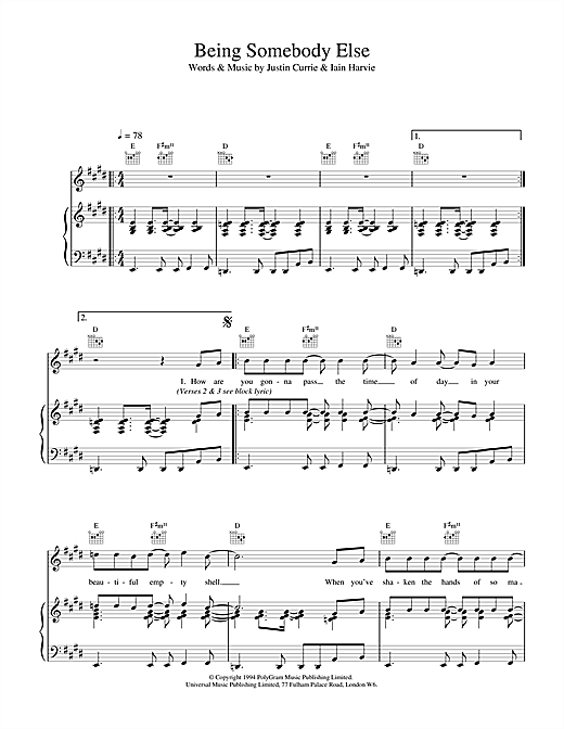 Learn to play Del Amitri Being Somebody Else sheet music for Piano, Vocal & Guitar (Right-Hand Melody) in minutes. Del Amitri Being Somebody Else sheet music notes and chords