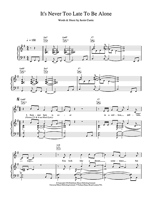 Learn to play Del Amitri It's Never Too Late To Be Alone sheet music for Piano, Vocal & Guitar (Right-Hand Melody) in minutes. Del Amitri It's Never Too Late To Be Alone sheet music notes and chords