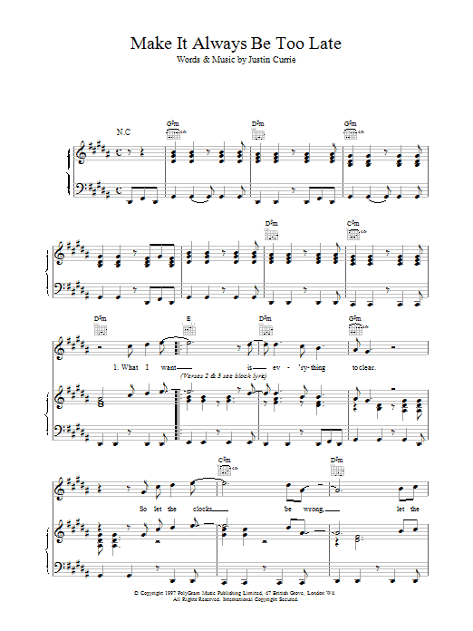 Del Amitri Make It Always Be Too Late sheet music preview music notes and score for Piano, Vocal & Guitar (Right-Hand Melody) including 5 page(s)