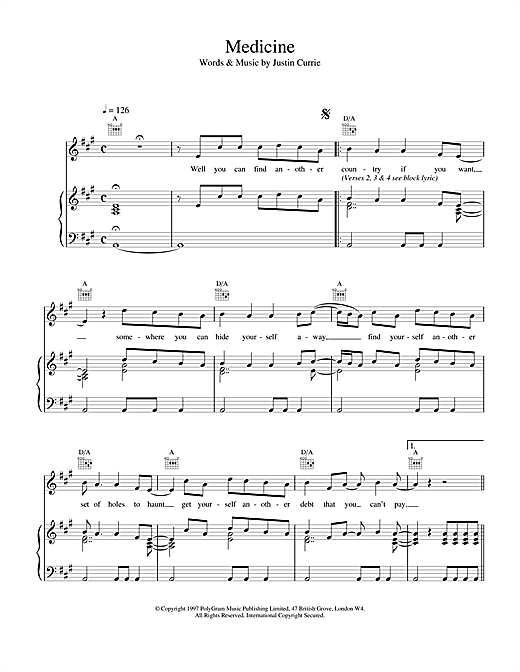 Learn to play Del Amitri Medicine sheet music for Piano, Vocal & Guitar (Right-Hand Melody) in minutes. Del Amitri Medicine sheet music notes and chords