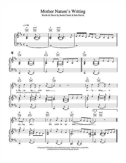 Learn to play Del Amitri Mother Nature's Writing sheet music for Piano, Vocal & Guitar (Right-Hand Melody) in minutes. Del Amitri Mother Nature's Writing sheet music notes and chords