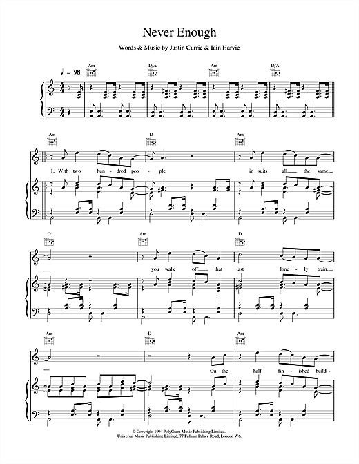 Learn to play Del Amitri Never Enough sheet music for Piano, Vocal & Guitar (Right-Hand Melody) in minutes. Del Amitri Never Enough sheet music notes and chords