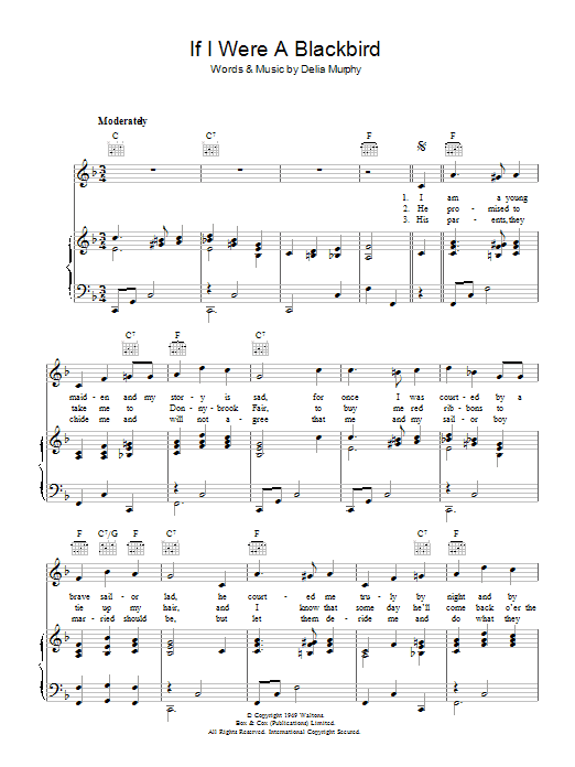 Learn to play Delia Murphy If I Were A Blackbird sheet music for Piano, Vocal & Guitar (Right-Hand Melody) in minutes. Delia Murphy If I Were A Blackbird sheet music preview music notes and score for Piano, Vocal & Guitar (Right-Hand Melody) including 3 page(s)