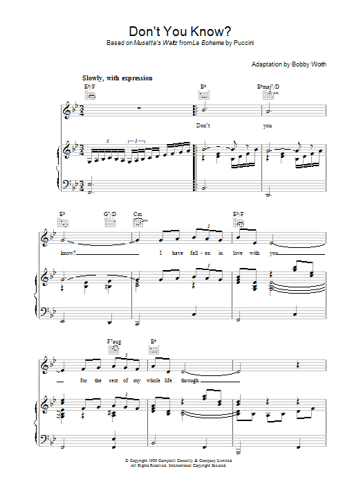 Bobby Worth Don't You Know? sheet music preview music notes and score for Piano, Vocal & Guitar (Right-Hand Melody) including 4 page(s)