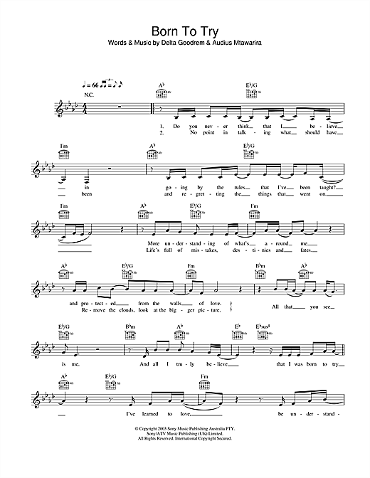 Learn to play Delta Goodrem Born To Try sheet music for Flute in minutes. Delta Goodrem Born To Try sheet music notes and chords