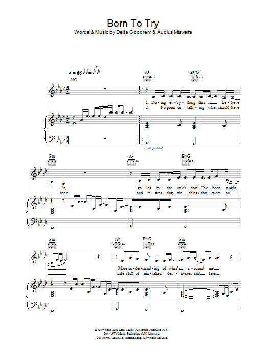 Learn to play Delta Goodrem Born To Try sheet music for Melody Line, Lyrics & Chords in minutes. Delta Goodrem Born To Try sheet music preview music notes and score for Melody Line, Lyrics & Chords including 2 page(s)