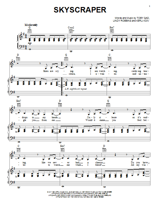 Demi Lovato Skyscraper sheet music preview music notes and score for Piano, Vocal & Guitar (Right-Hand Melody) including 6 page(s)