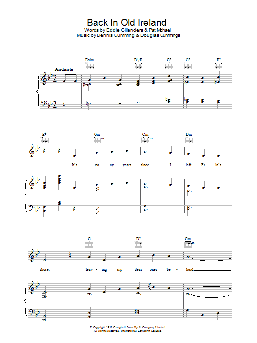 Dennis Cummings Back In Old Ireland sheet music preview music notes and score for Piano, Vocal & Guitar (Right-Hand Melody) including 5 page(s)