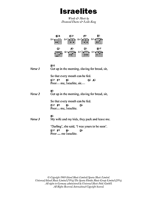 Desmond Dekker The Israelites sheet music preview music notes and score for Lyrics & Chords including 2 page(s)