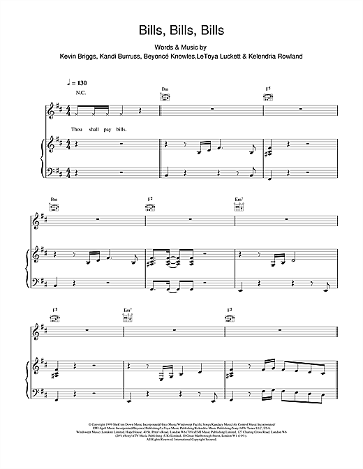 Learn to play Destiny's Child Bills, Bills, Bills sheet music for Piano, Vocal & Guitar in minutes. Destiny's Child Bills, Bills, Bills sheet music notes and chords
