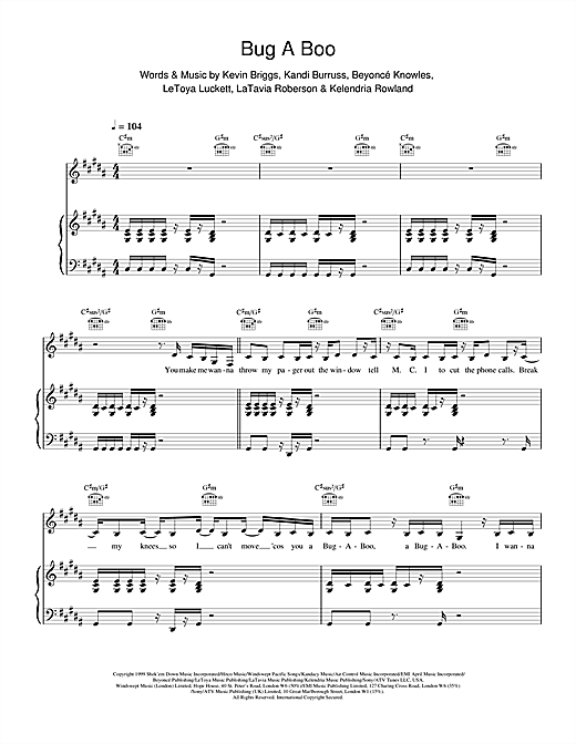 Learn to play Destiny's Child Bug A Boo sheet music for Piano, Vocal & Guitar in minutes. Destiny's Child Bug A Boo sheet music notes and chords