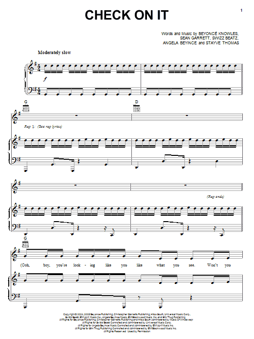 Learn to play Destiny's Child Check On It sheet music for Piano, Vocal & Guitar (Right-Hand Melody) in minutes. Destiny's Child Check On It sheet music preview music notes and score for Piano, Vocal & Guitar (Right-Hand Melody) including 8 page(s)