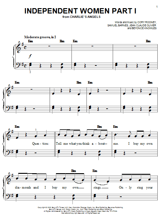 Learn to play Destiny's Child Independent Women Part I (from Charlie's Angels) sheet music for Easy Piano in minutes. Destiny's Child Independent Women Part I (from Charlie's Angels) sheet music preview music notes and score for Easy Piano including 12 page(s)