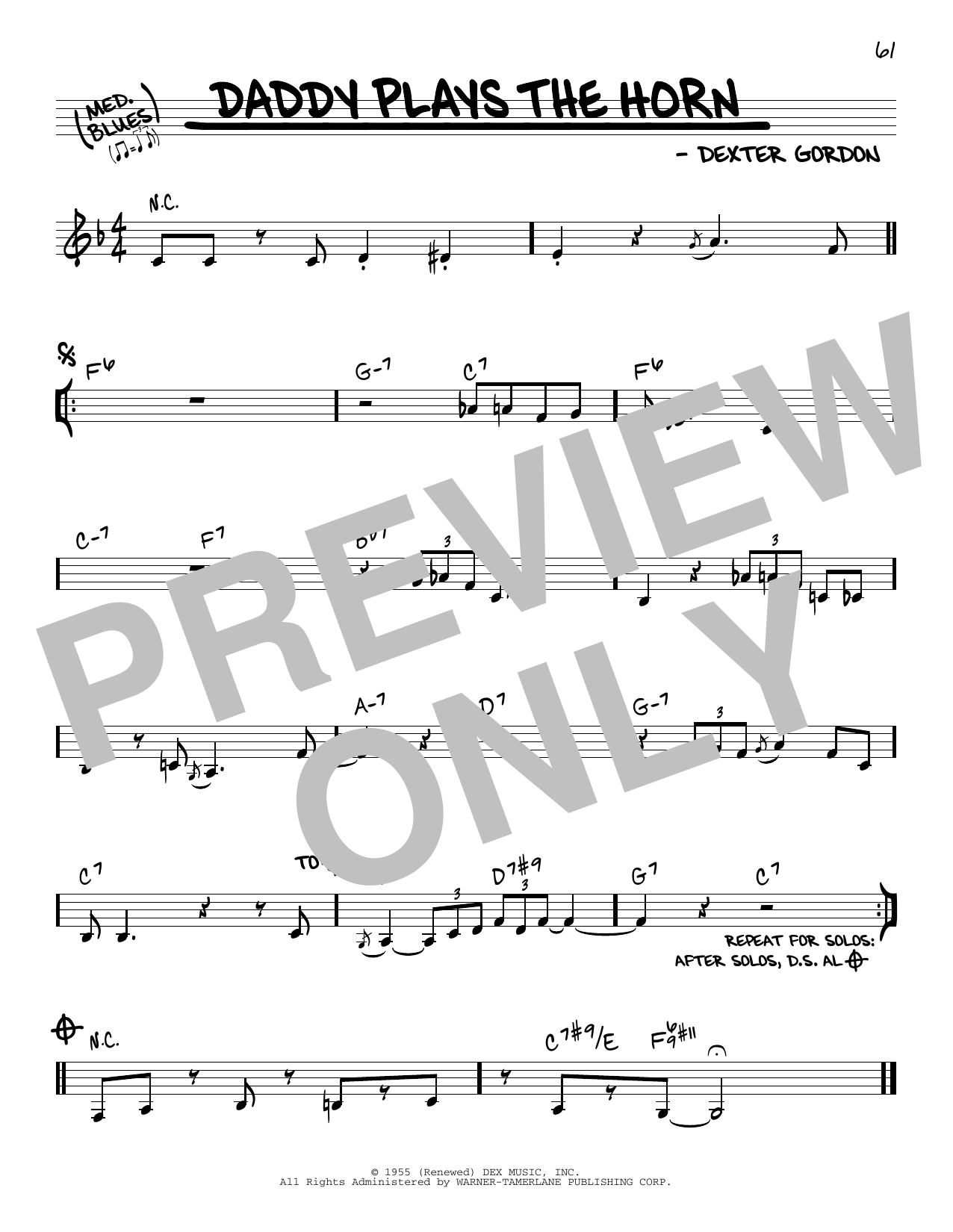 Dexter Gordon Daddy Plays The Horn sheet music, chords, lyrics - Printable PDF for Real Book – Melody & Chords