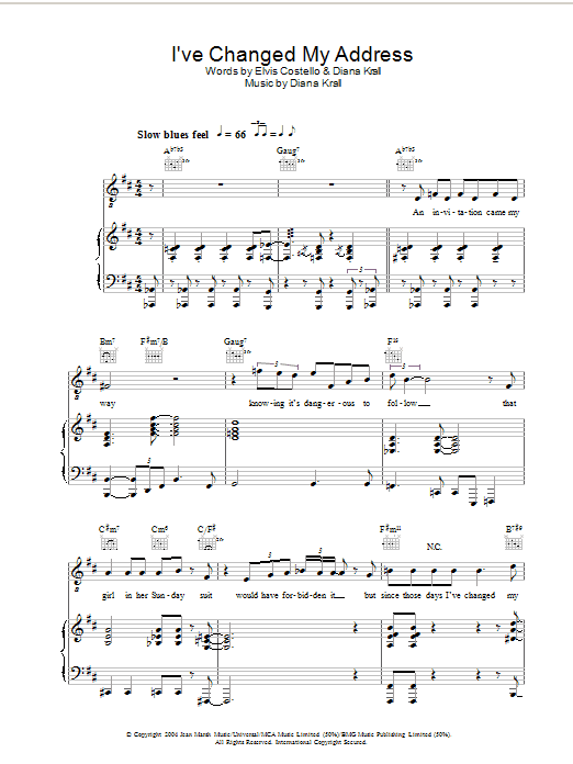 Learn to play Diana Krall I've Changed My Address sheet music for Piano, Vocal & Guitar in minutes. Diana Krall I've Changed My Address sheet music preview music notes and score for Piano, Vocal & Guitar including 6 page(s)