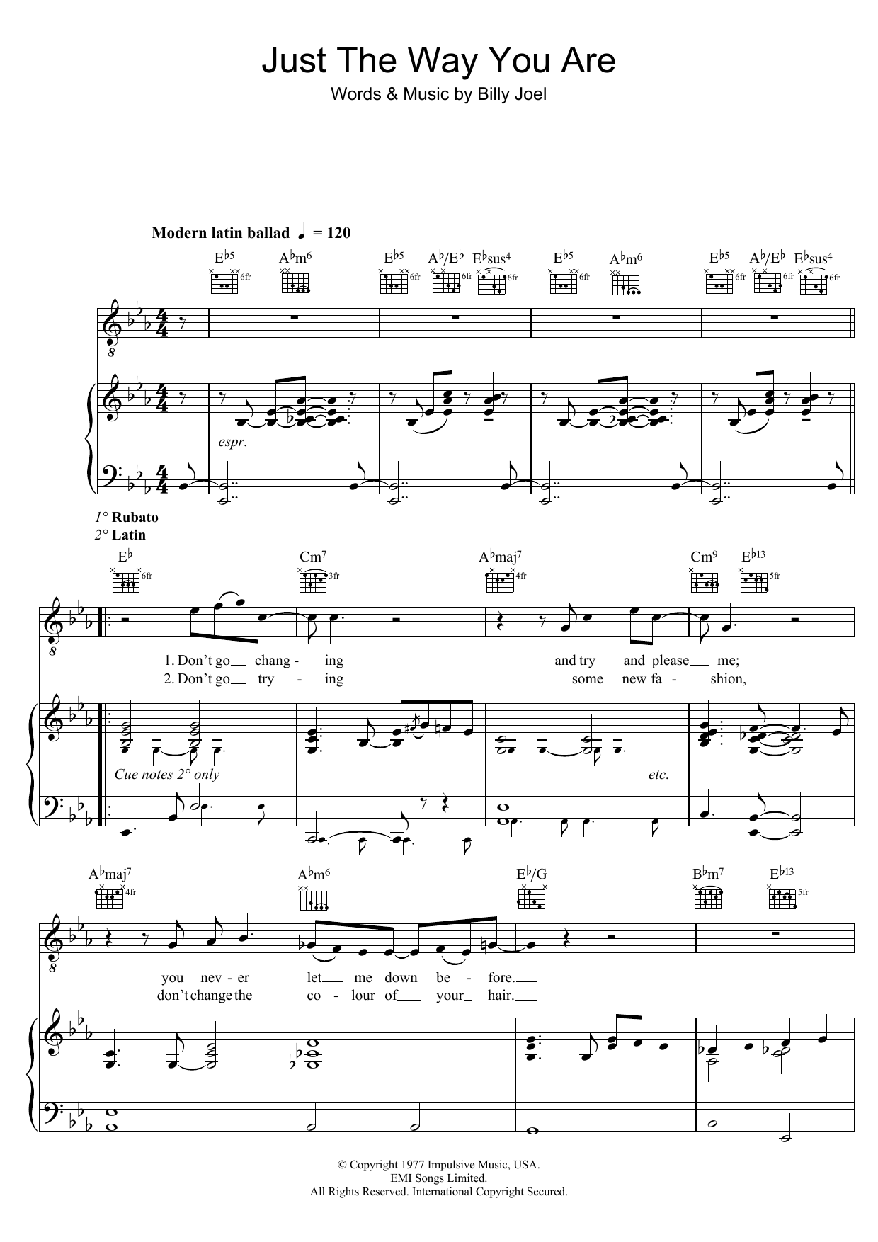 Diana Krall Just The Way You Are sheet music preview music notes and score for Melody Line, Lyrics & Chords including 3 page(s)