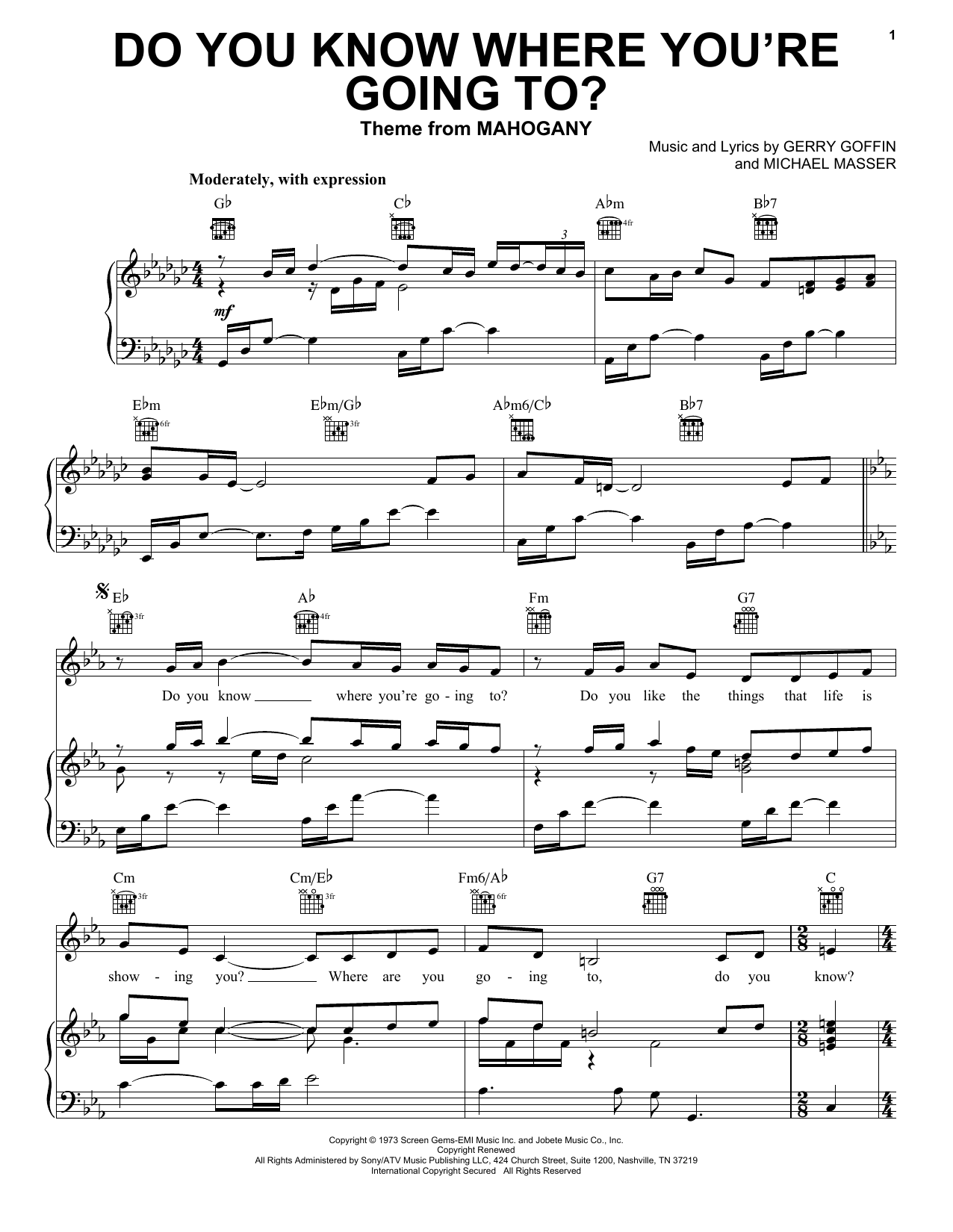 Learn to play Diana Ross Do You Know Where You're Going To? sheet music for Piano, Vocal & Guitar (Right-Hand Melody) in minutes. Diana Ross Do You Know Where You're Going To? sheet music notes and chords
