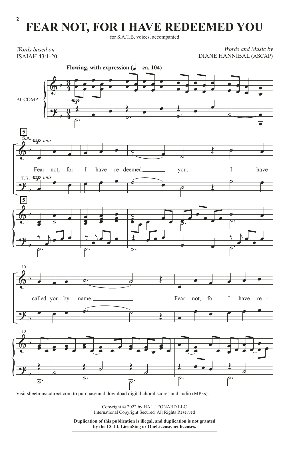 Diane Hannibal Fear Not, For I Have Redeemed You sheet music, chords, lyrics - Printable PDF for SATB Choir